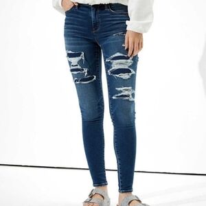 American Eagle Cozy Hi Rise Distressed Shadow Patched Blue Jeggings